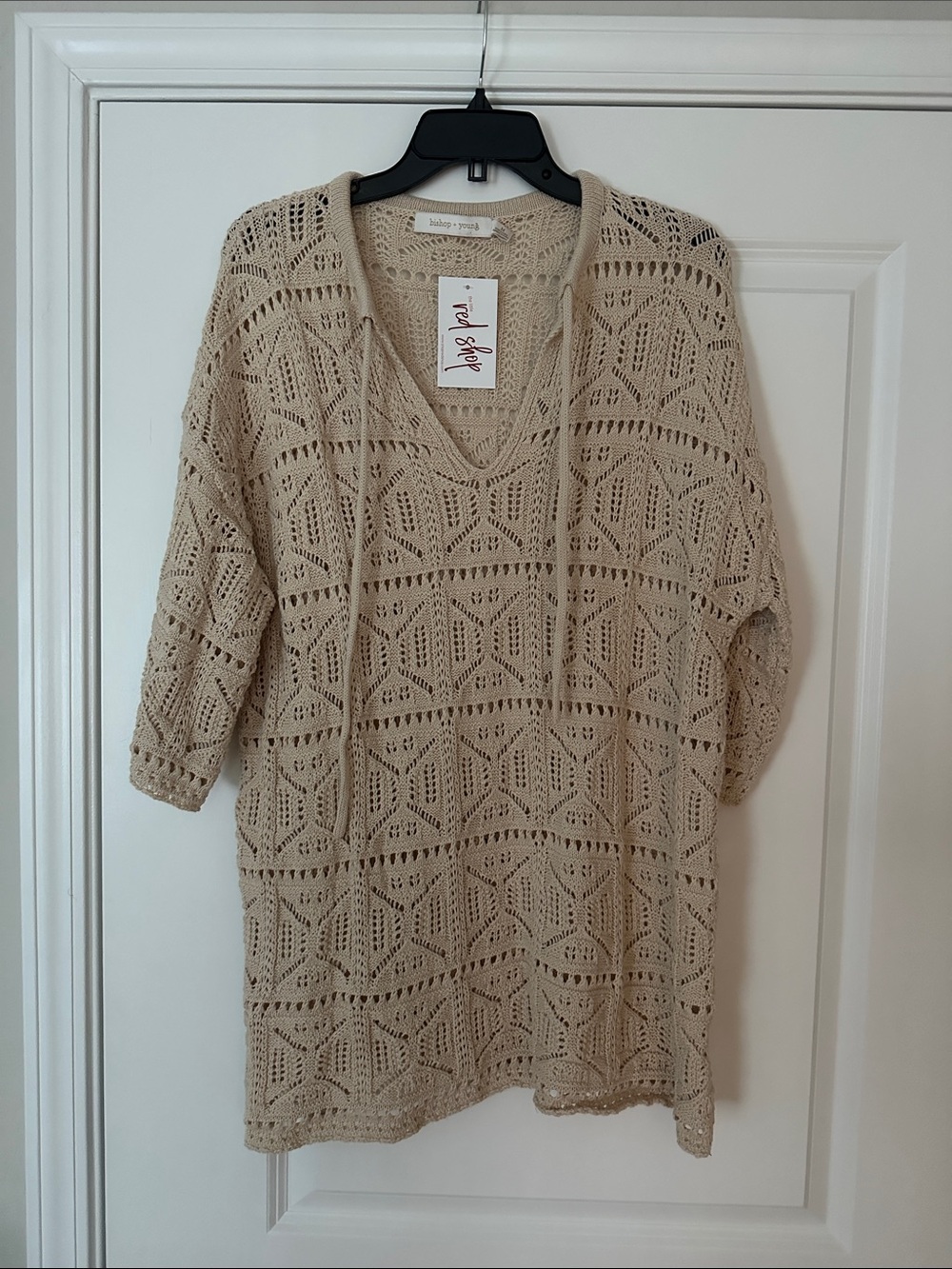 Bishop + Young Beige Open Knit V-Neck Sweater Tunic Crochet